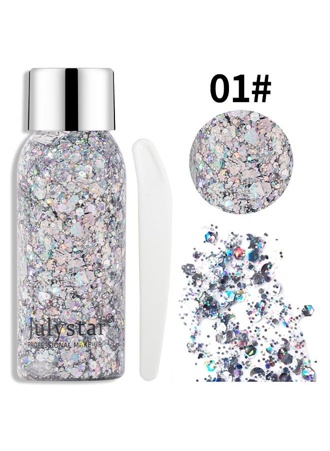 Julystar Glitter Body Gel Face Body Glitter Gel Mermaid Sequins Holographic Body Glitter Gel Long-Lasting Festival Makeup Glitter Paint for Face Body Hair Nails (30g, 01 Silver) - Image 2